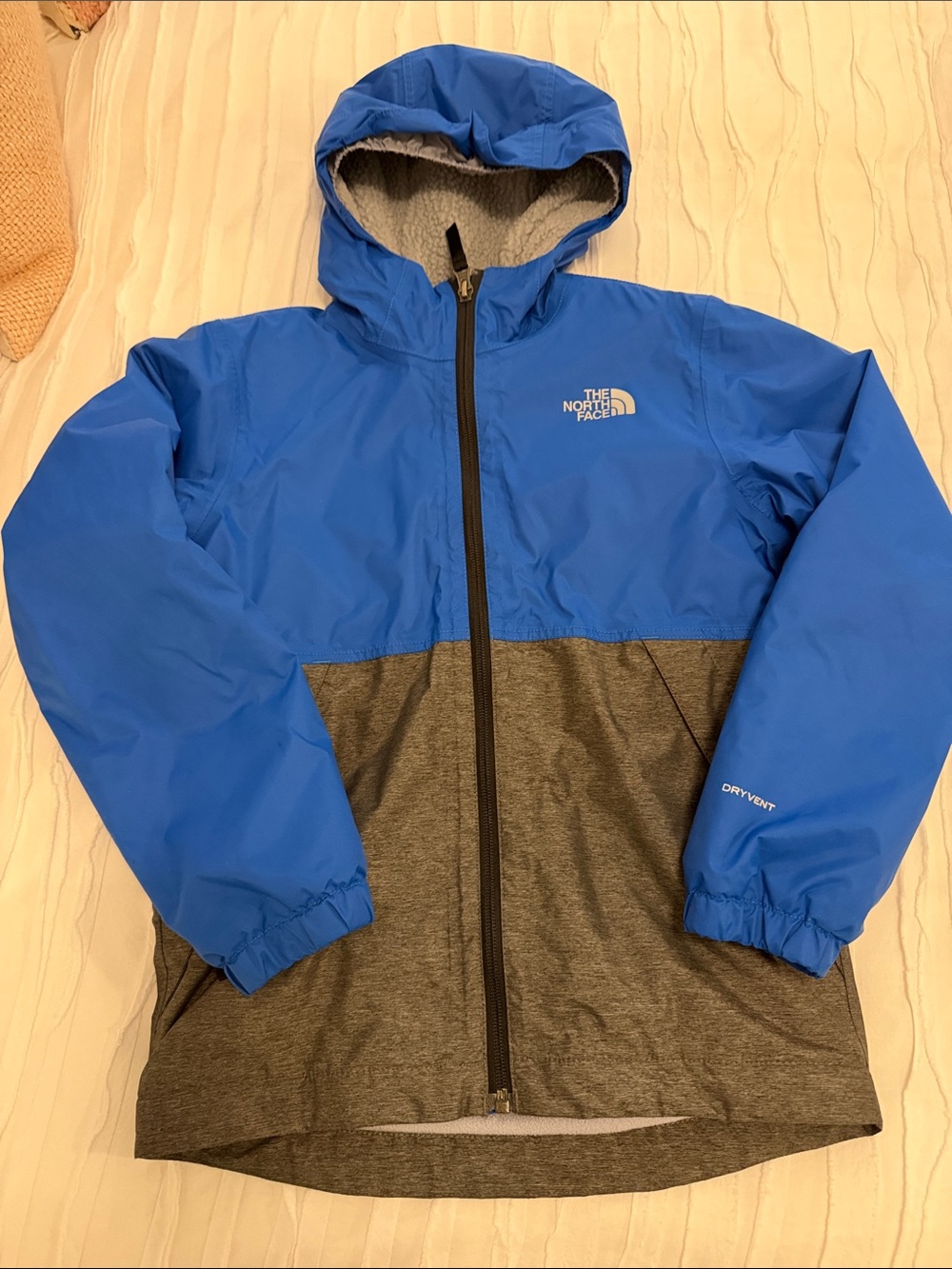 The North Face Blue and Gray Hooded Jacket with Sherpa Lining